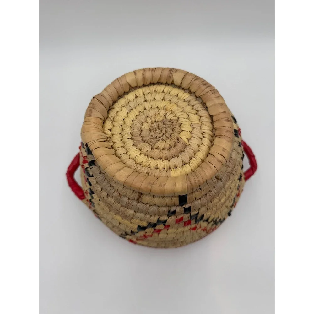 Handmade Woven Coiled Basket Red Black Geometric Pattern with Handles